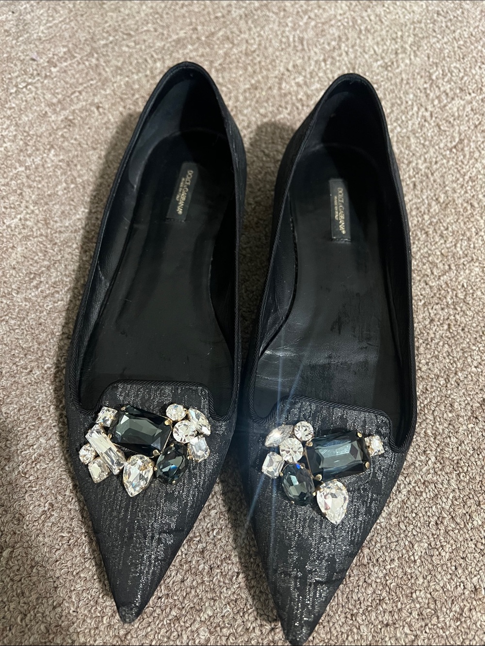 Dolce & Gabbana Black Jeweled Pointed Flats with Crystal Accents